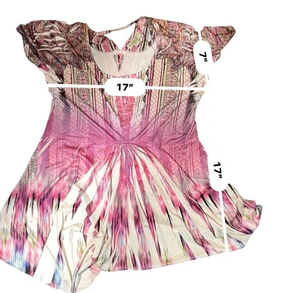 One World Womens Micro Jersey Printed Flutter Sleeve Embellished Keyhole Top - Picture 12 of 12